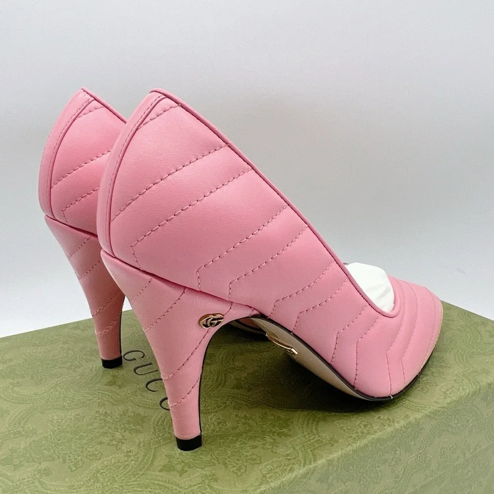 Gucci Chevron Matelasse mini Double G Logo Heel Pumps Pink Leather EU 37.5 - NEW - Picture 7 of 15